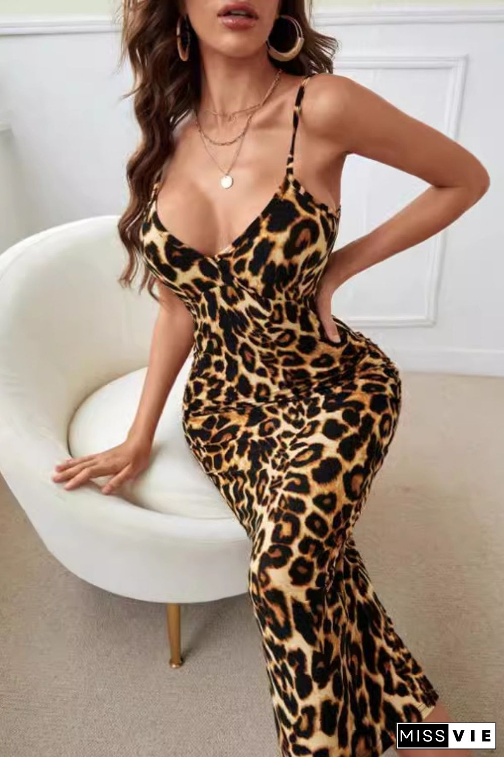 Sexy Print Leopard Backless Spaghetti Strap Long Dresses