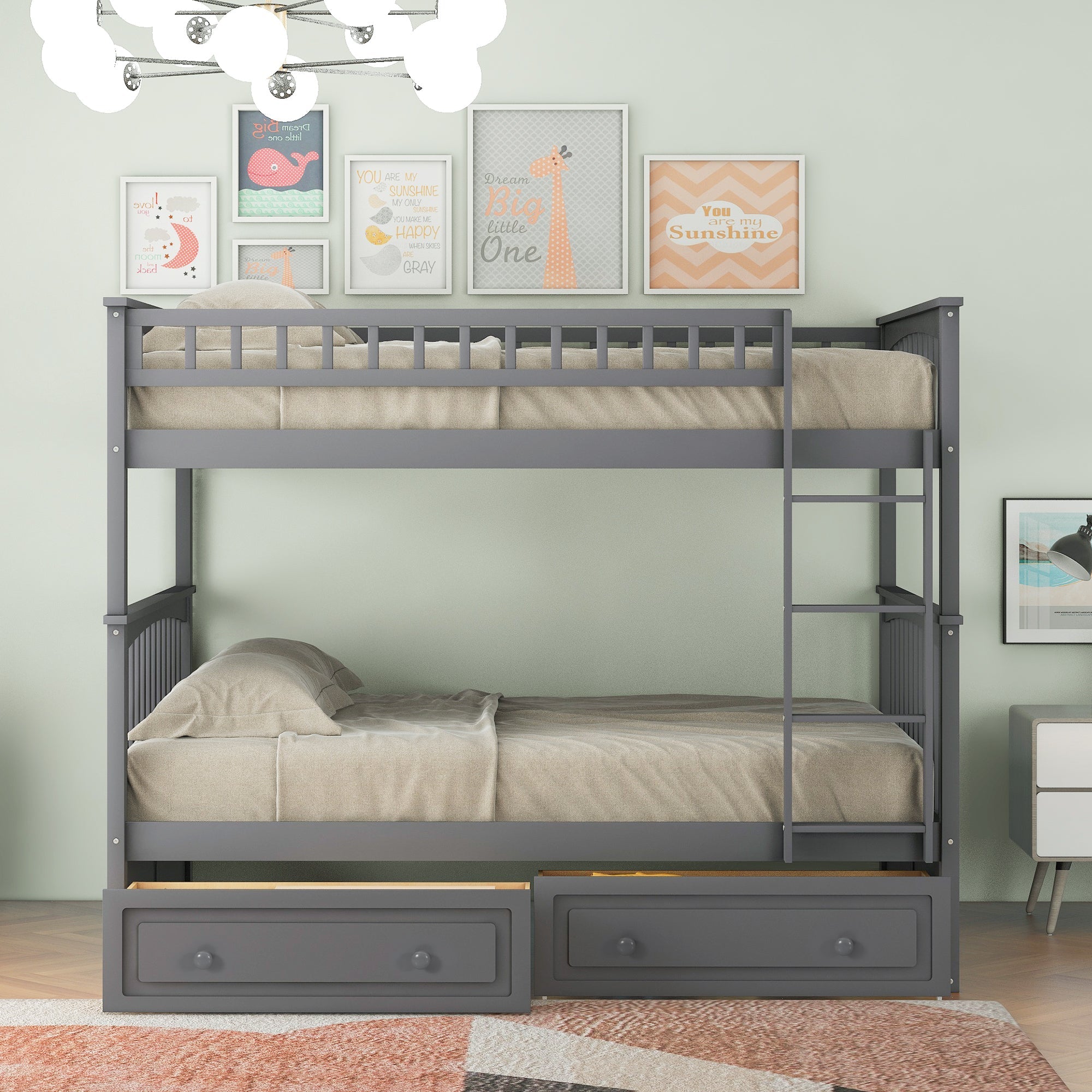 Euroco Pine Wood Bunk Bed With Storage, Full-Over-Full, Grey