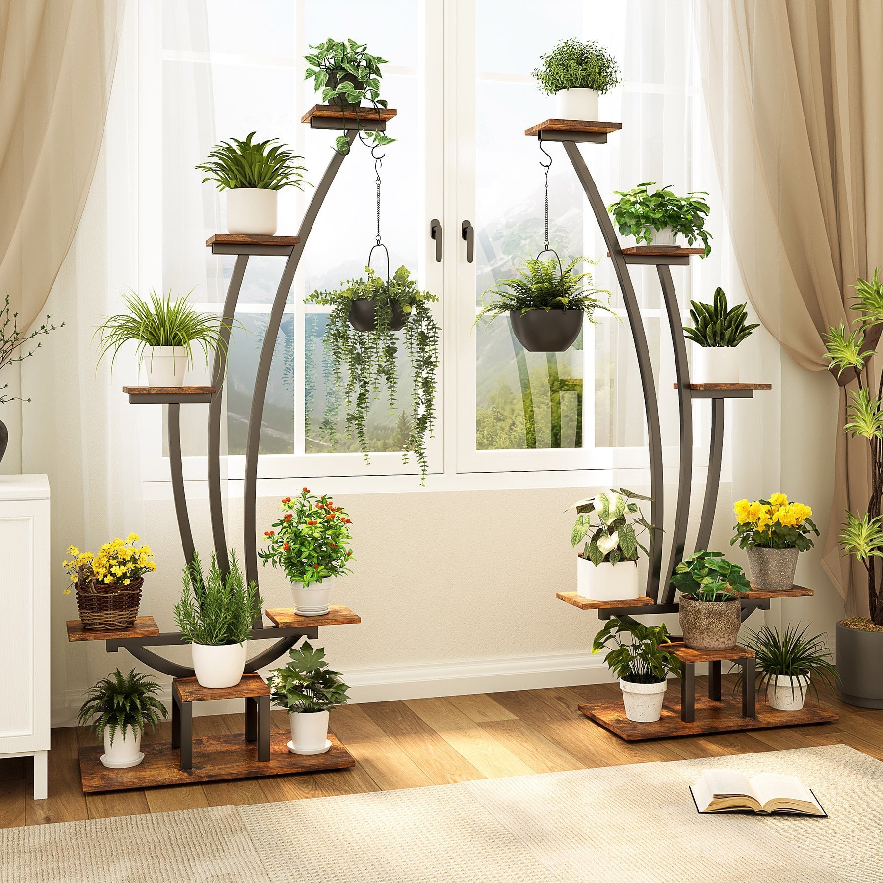 6-Tier Plant Stand Pack of 2, Metal Curved Display Shelf with 2 Hanging Hooks