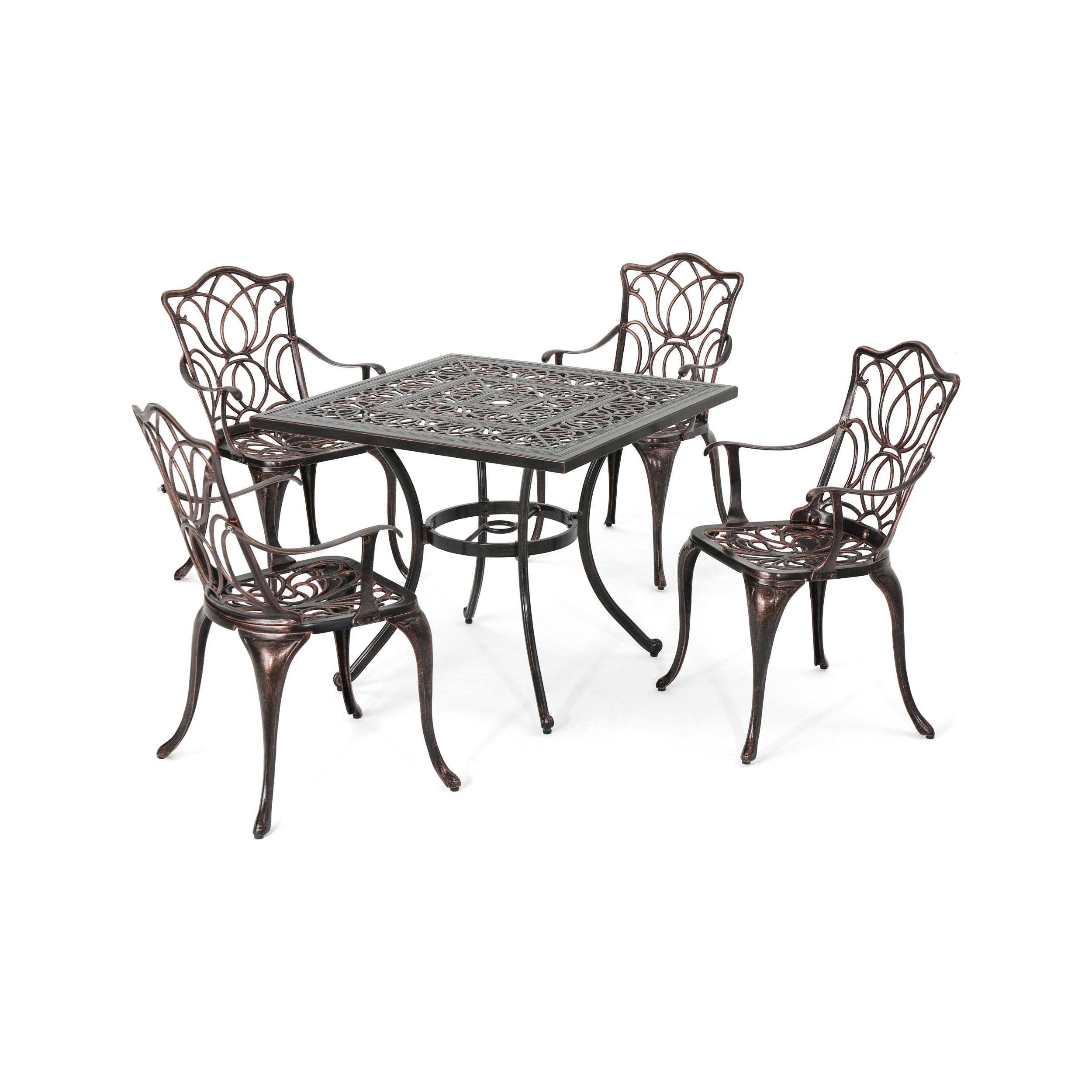 Barbara Outdoor 4-Seater Cast Aluminum Square-Table Dining Set, Shiny Copper