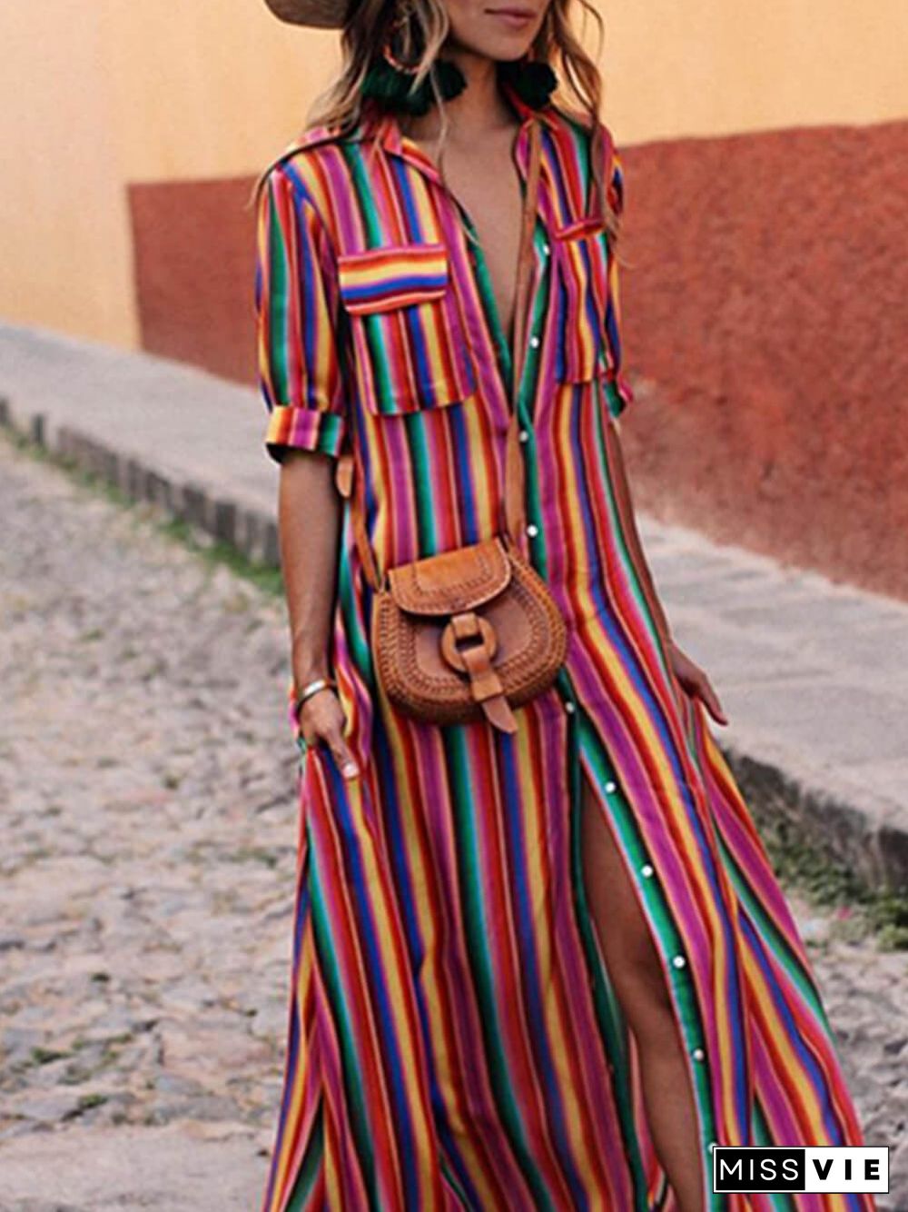 Casual Striped Printed Shirt Maxi Skirt