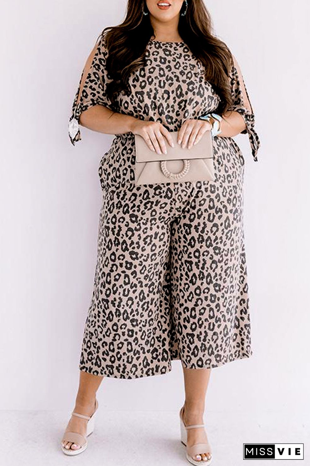 Leopard Print Cut-out Half Sleeve Plus Size Jumpsuit