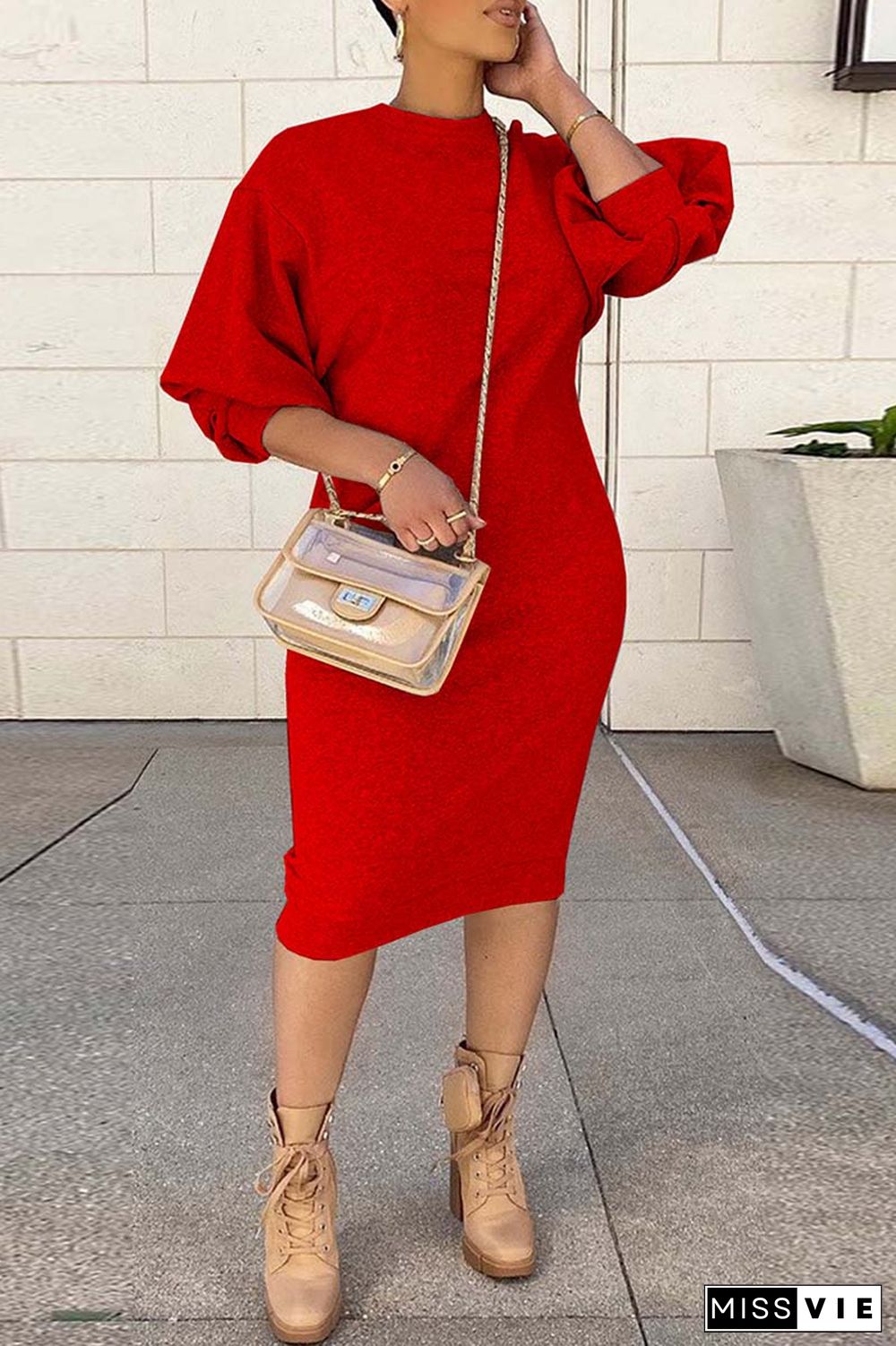 Red Casual Solid Basic O Neck Long Sleeve Dresses