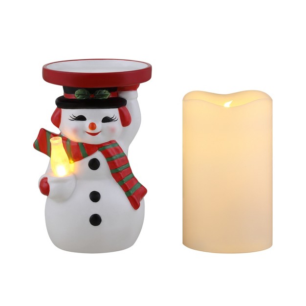 Ceramic Lit Snowman Candle Holder And Flameless Candle