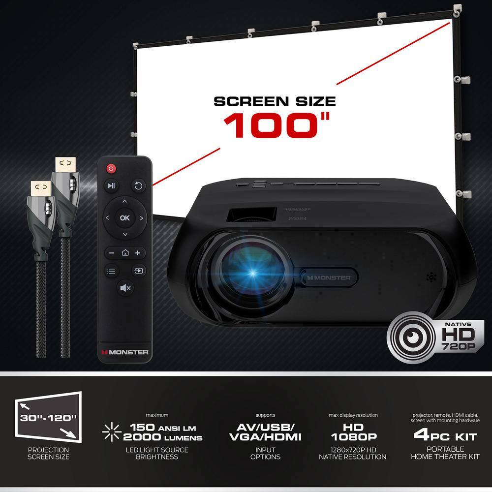 Monster Vision 1980 x 1080p LCD TFT Technology Home Projector Kit with 2000 Lumens Comes With 100 Inch Screen MHV1-1057-BLK