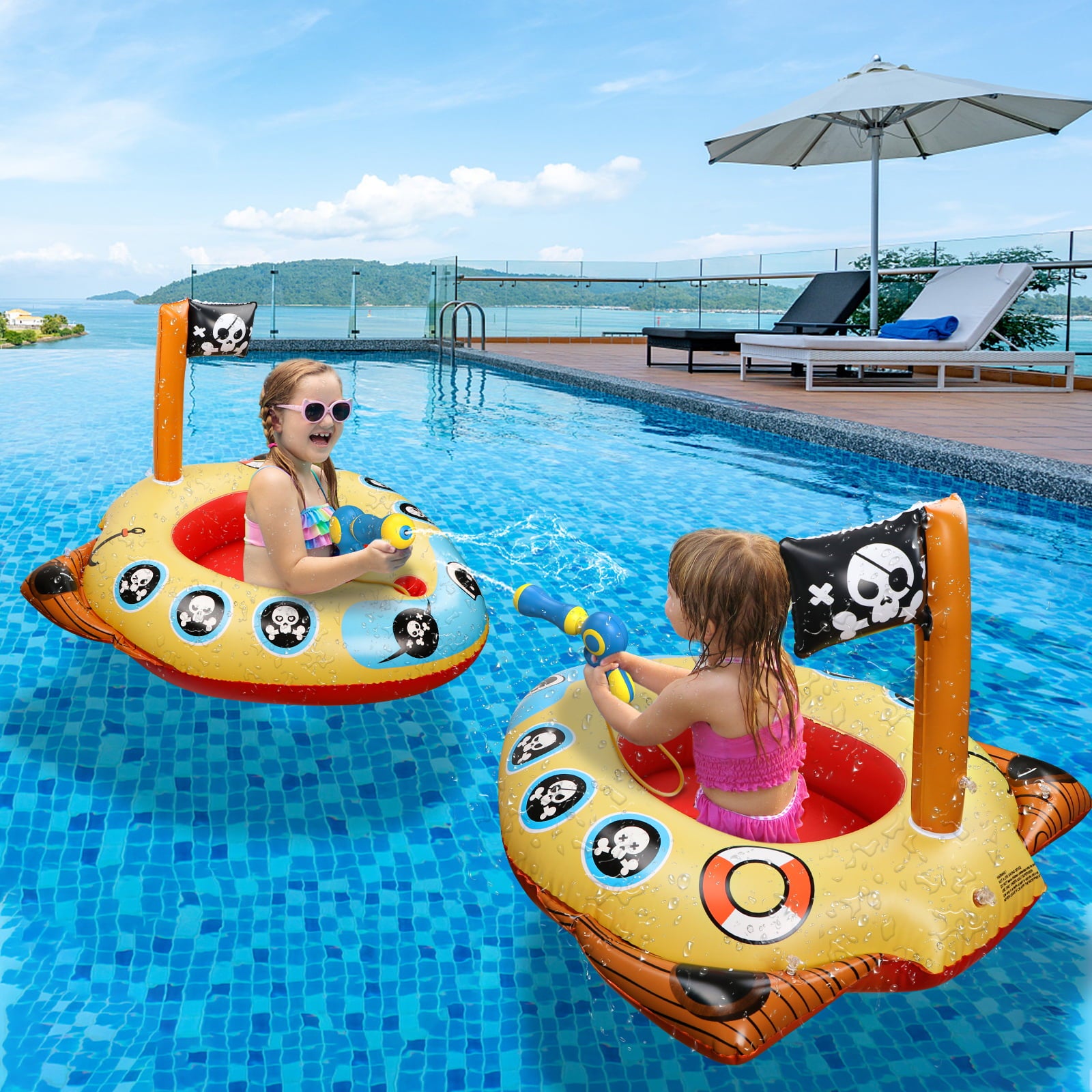 HopeRock Inflatable Pirate Boat Pool Float for Kids with Built-in Squirt Gun, Inflatable Ride-on for Kids Aged 3-8 Years