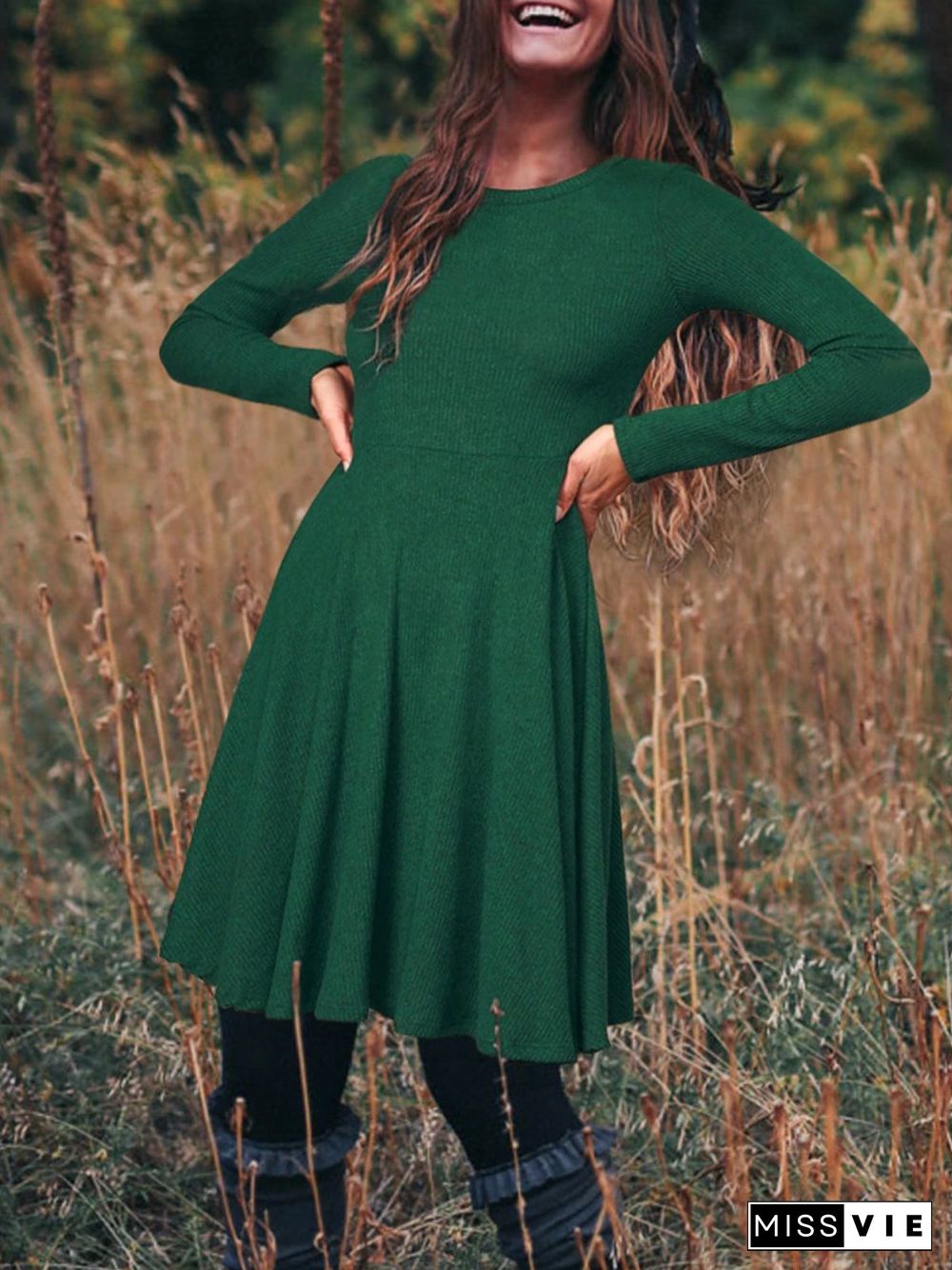 Plain Long Sleeves Crew Neck Plus Size Casual Knitting Dress