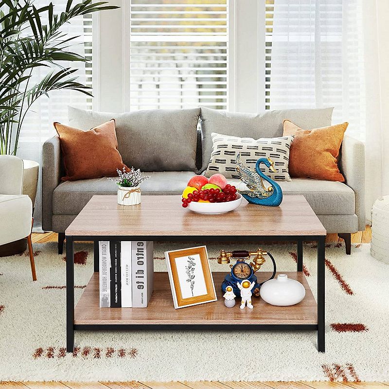 Modern 2-tier Metal Wooden Coffee Table In Natural Wood Finish