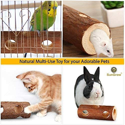 SunGrow Rabbit and Gerbil Chew Dwarf Hamster Hideout and Play Tunnel Wooden Log， 8-in