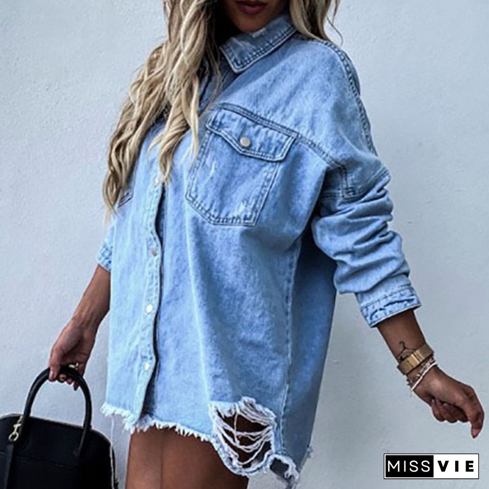 Batwing Sleeve Boyfriend Denim Shirts Jackets Coats Ripped Hole Loose Cardigans Button Jeans Blouses Women Outerwear Tops