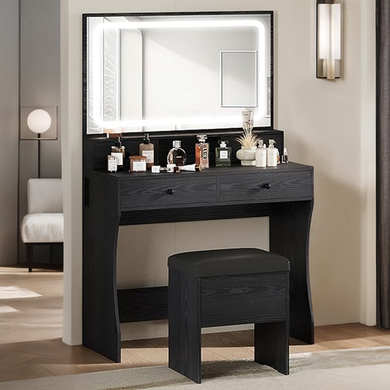 Vanity Desk Set Makeup Vanity with Power Outlet, LED Mirror, Storage Stool