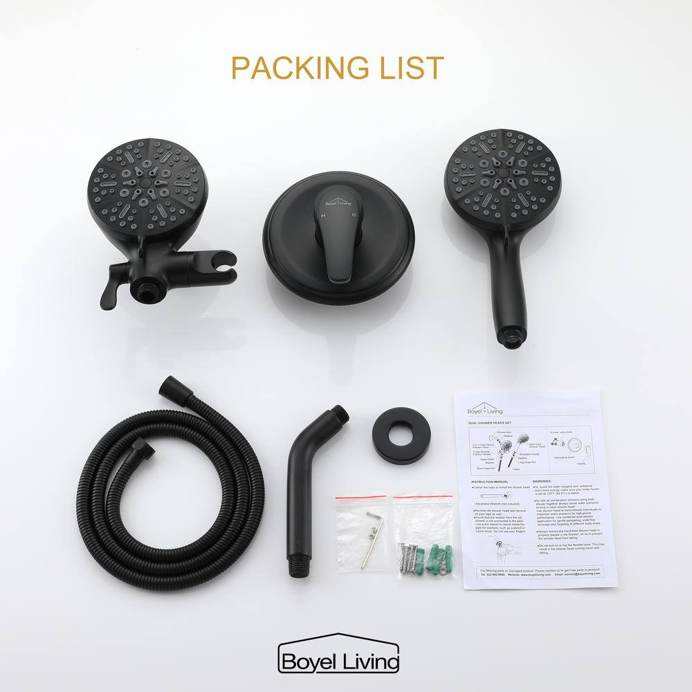 Boyel Living 5-Spray Patterns with 2.5 GPM 4.72 in. Wall Mount Dual Shower Heads in Matte Black (Valve and Handle Trim Included) SMD-88014B