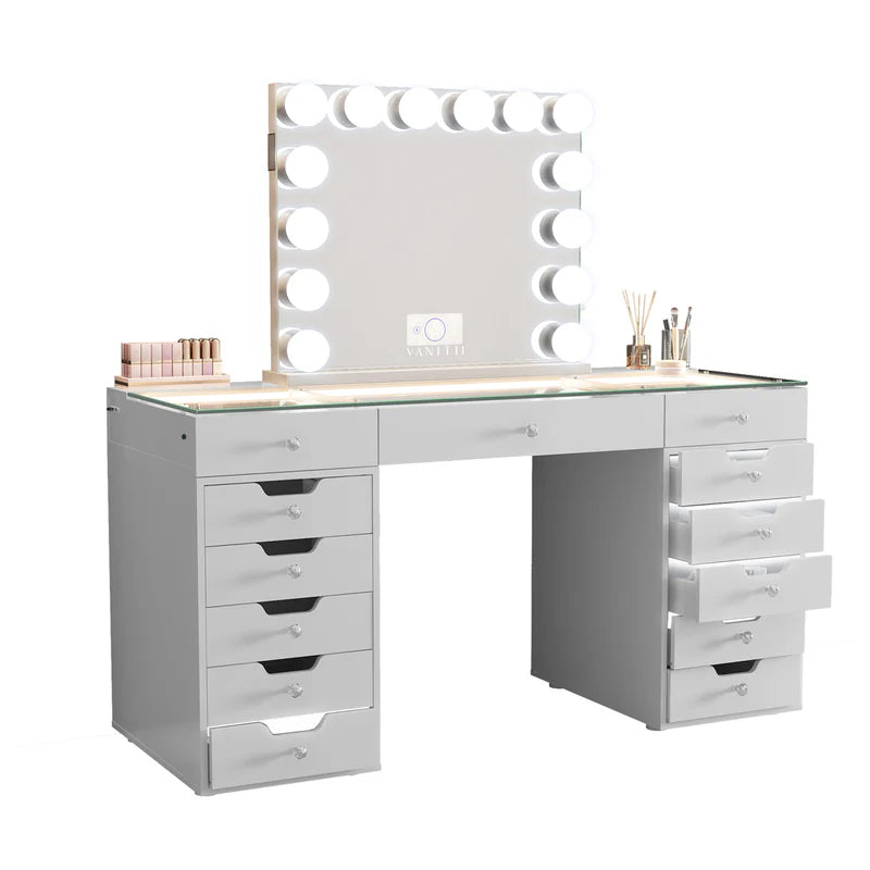 Eva Vanity Desk - 13 Storage Drawers with Full Light   VNT-EVA-C01-WHT