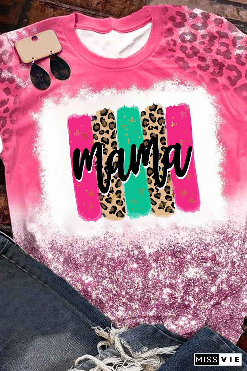 Pink Bleach mama Leopard Print Short Sleeve Round Neck Tee