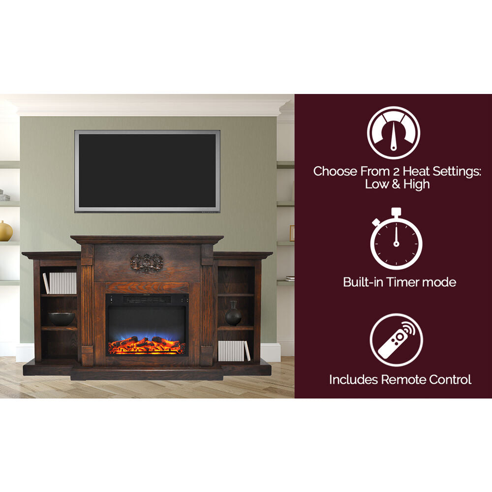 Cambridge Sanoma 72'' Electric Multi-Color LED Fireplace with Charred Log Insert | For Rooms up to 210 Sq.Ft | Remote | Walnut Mantel | Adjustable Heat Settings | Storage | Timer