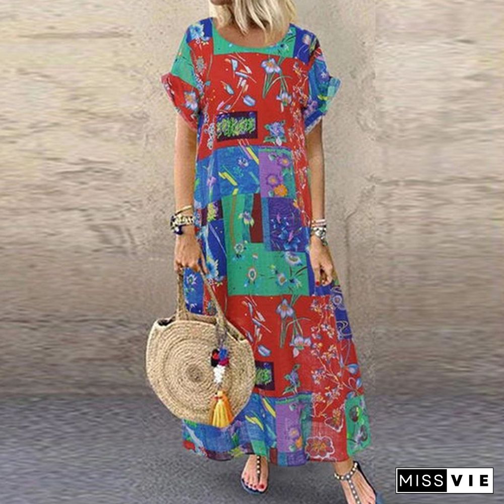 Zanzea Women Summer Short Sleeve Fashion Printed Dress Party Beach Kaftan Long Maxi Dress Plus