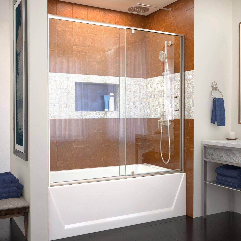 DreamLine Flex 56 in. - 60 in. W x 58 in. H Pivot Semi-Frameless Tub Door in Brushed Nickel SHDR22605800-04