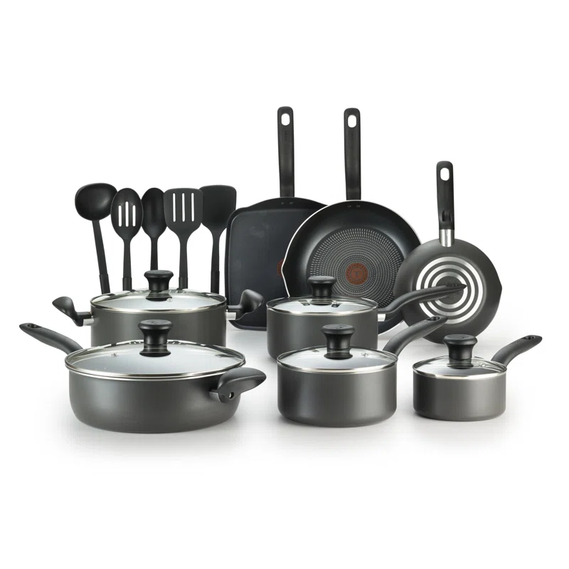 T-fal Initiatives Nonstick Inside and Out Cookware Set， 18-Piece， Black