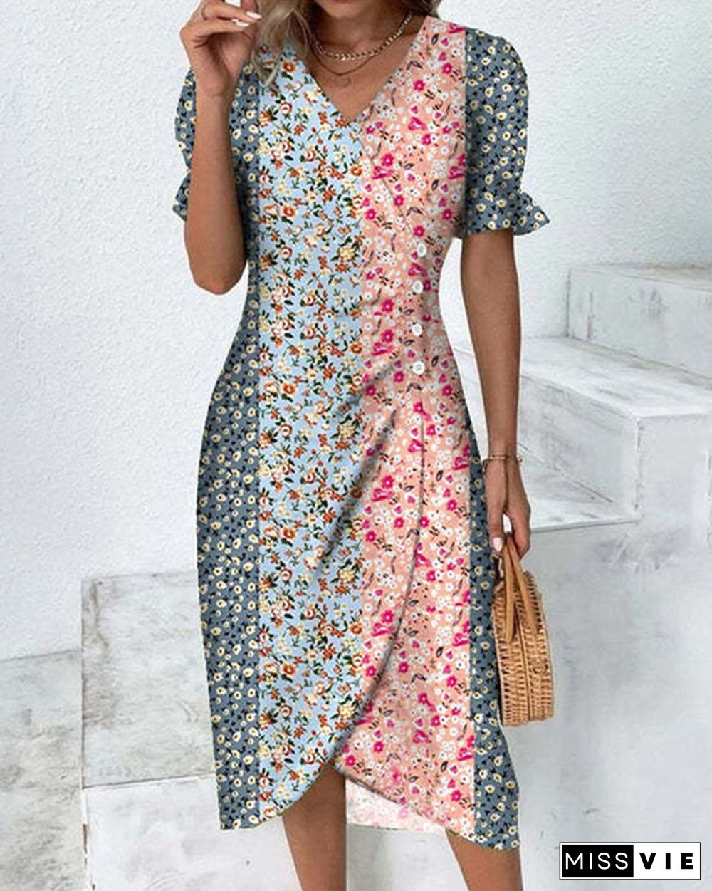 Vacation Casual V-neck Floral Print Dress