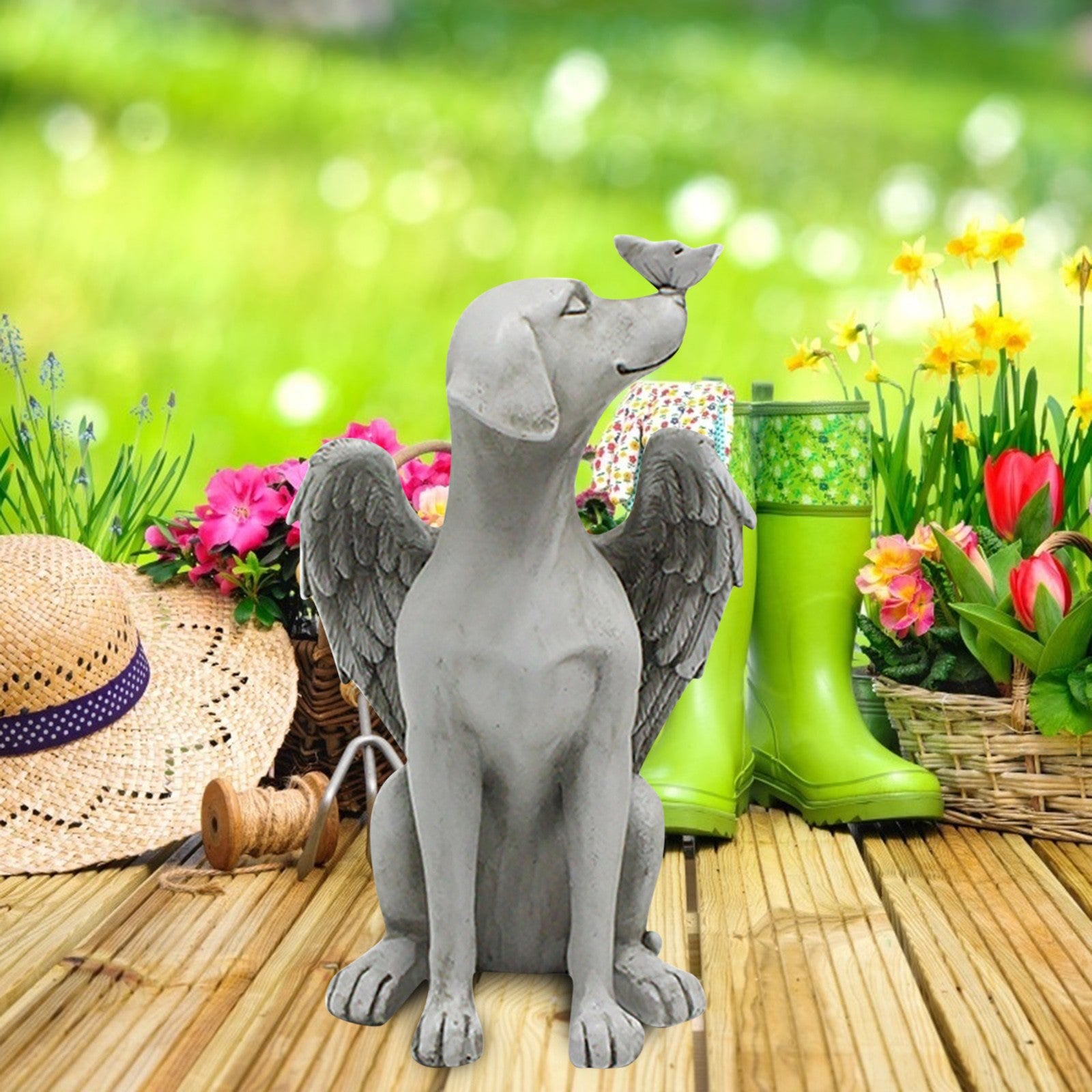 Follure room decor home decor Angel Dog Butterfly Tribute Puppy Statue Sculpture Outdoor Garden Resin Decor Grey