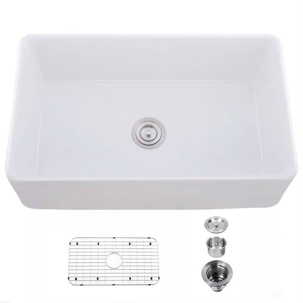 JimsMaison White Fireclay 33 in. Single Bowl Farmhouse Apron Kitchen Sink with Bottom Grid JMWAKS18-3320