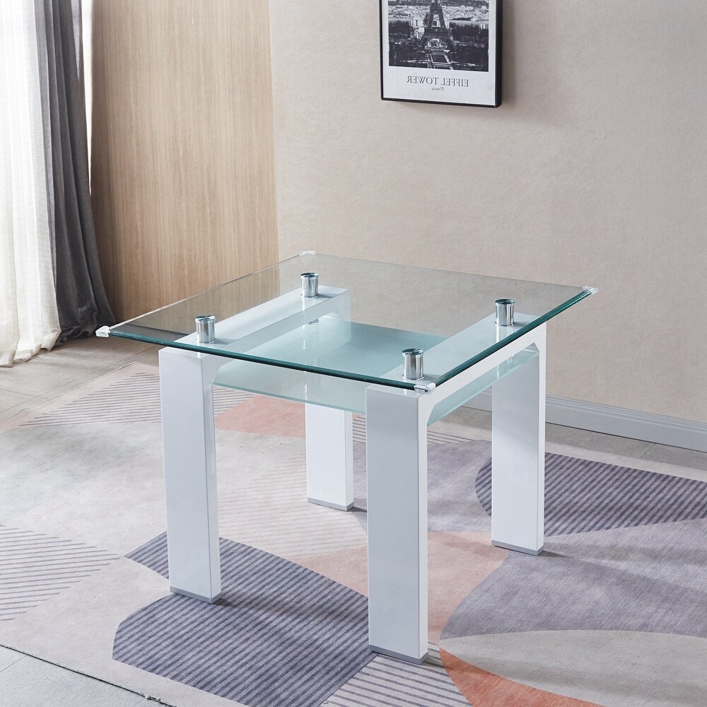 Tempered Glass Top Square Double Layer Dining Table with MDF Legs