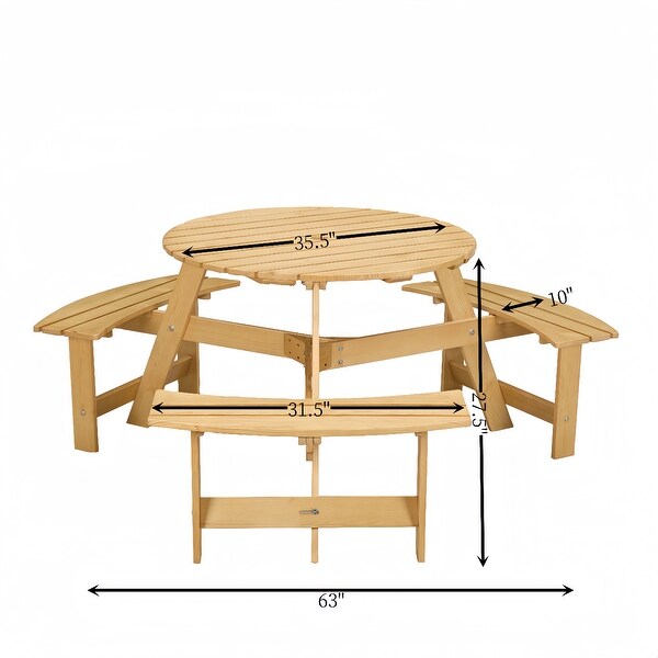 Outdoor 6 Person Picnic Table，6 Person Round Picnic Table with 3 Builtin Benches，Umbrella Hole，Outside Table and Bench Set