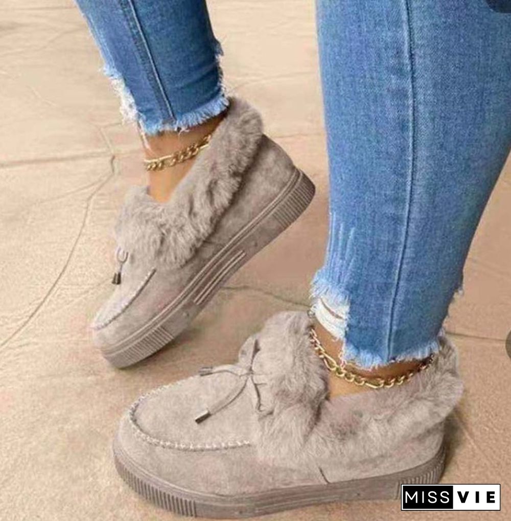 New Fashionable Ladies Bowknot Suede Faux Fur Moccasin Shoes Warm Lightweight Slippers Non-Slip Platform Shoes Winter Cute Soft Snow Boots Casual Suede Flat Plush Shoes Comfortable Wearing Tenis Feminino