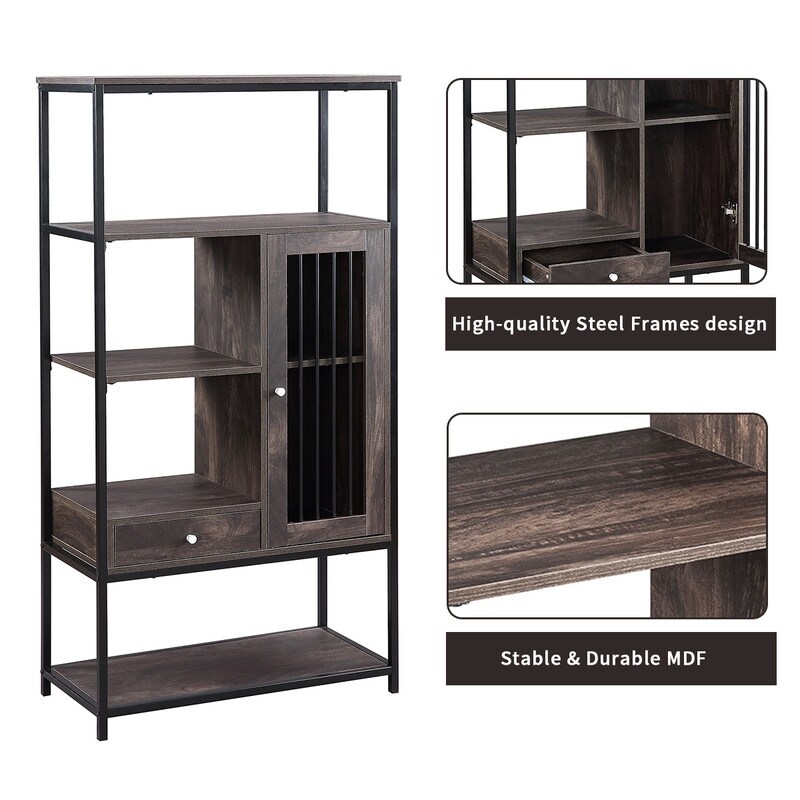 Vintage Brown 5 Tier Bookcase and Bookshelf with Doors and Drawers