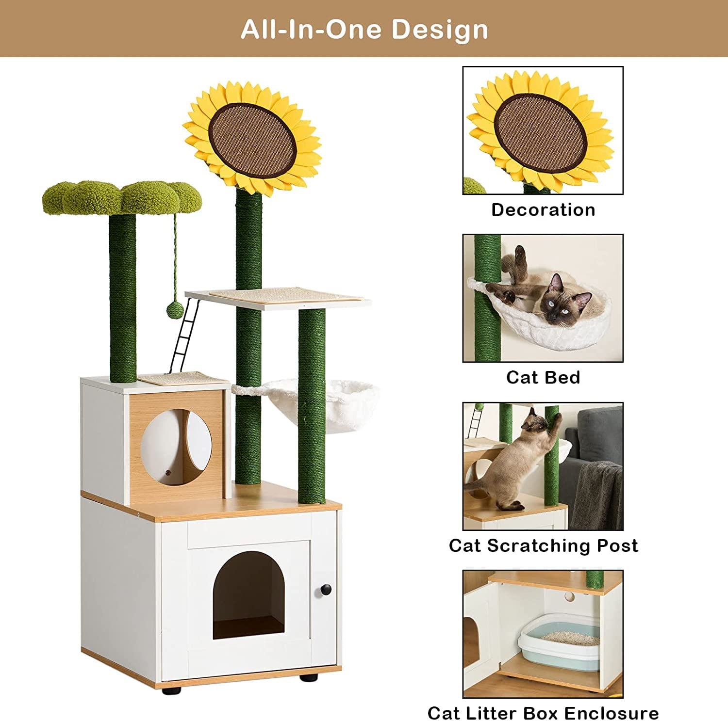 Soges Cat Tree with Cat Condo, 60" Cat Tower with Cactus Sisal Scratching Post, Soft Hammock, Fun Cat Ball, Cat Litter Box Enclosure