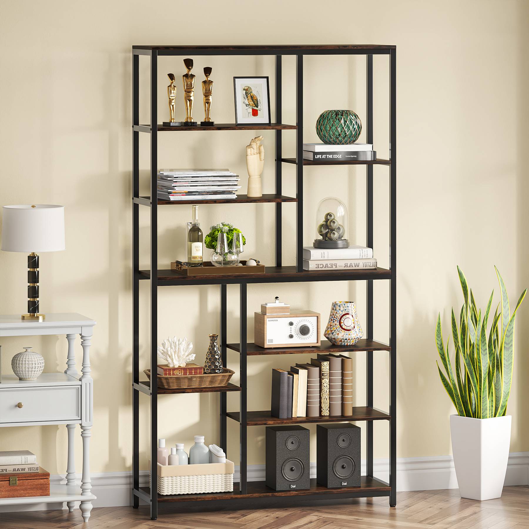 79 Tall Bookshelf, 8-Tier Staggered Etagere Bookcase Shelving Unit