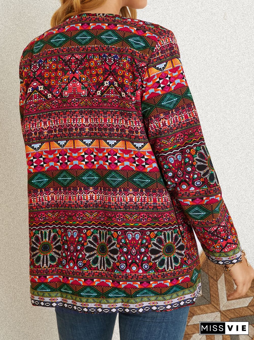 Vintage Ethnic Print Ribbon Patchwork Pockets Long Sleeve Jackets