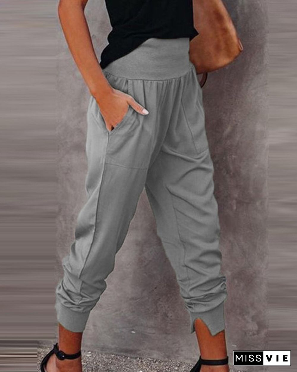 High Waist Pocket Design Casual Pants