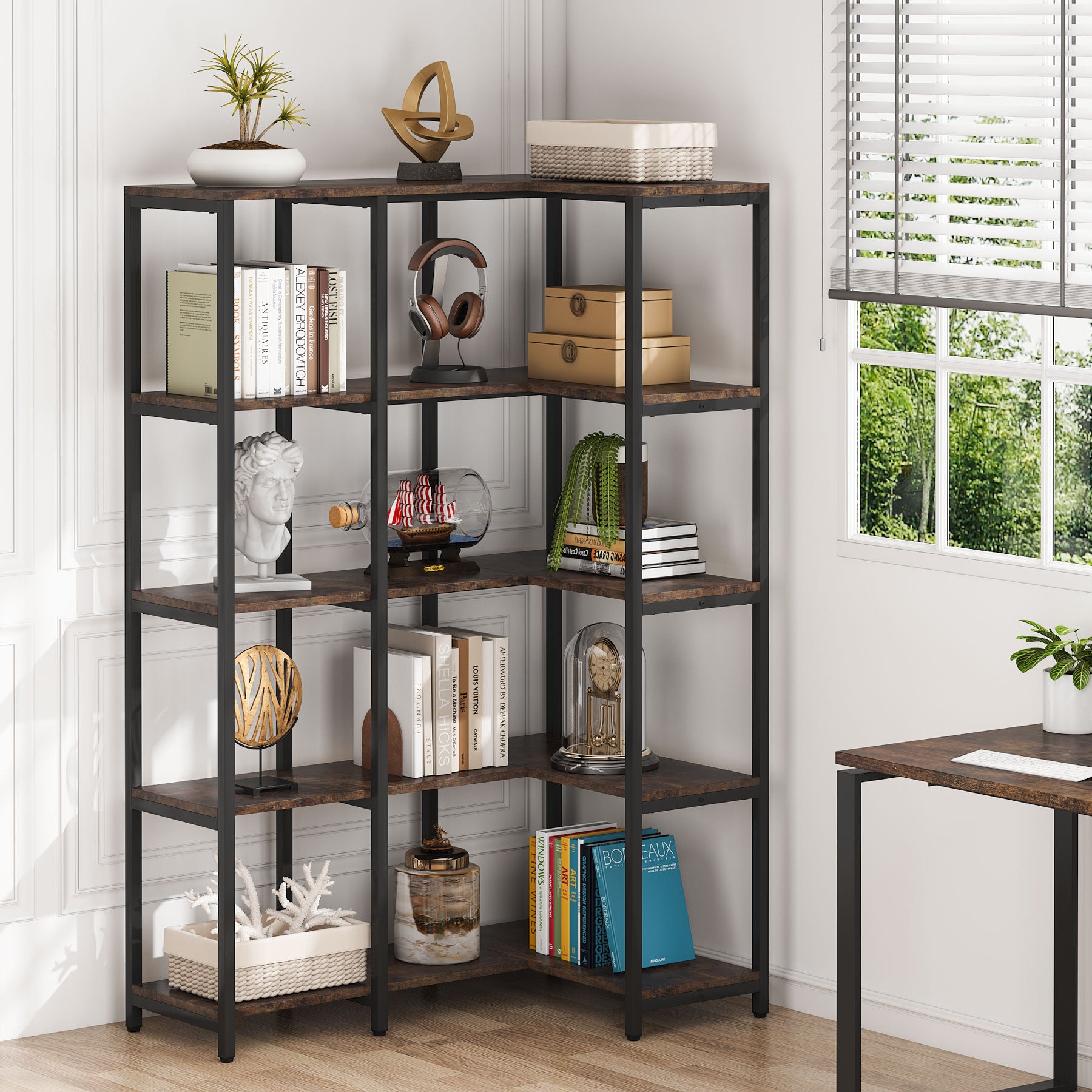 5-Shelf Corner Bookshelf, Reversible L-shaped Corner Etagere Bookcase