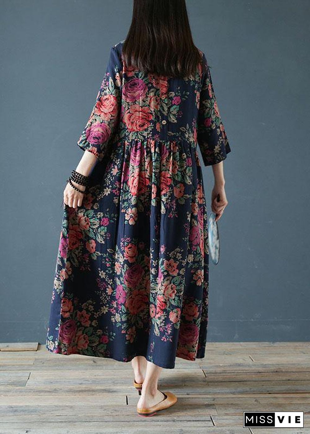 Italian o neck half sleeve cotton clothes Neckline blue print loose Dresses