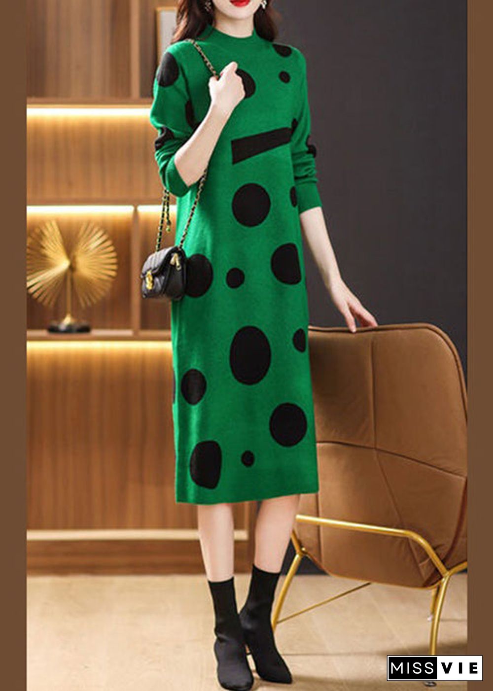 Green Dot Print Patchwork Knit Sweater Dress Turtleneck Long Sleeve