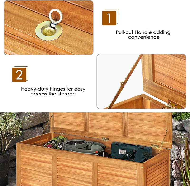 47 Gallon Acacia Wood Deck Box in Teak Oil, Large Outdoor Storage Box, Deck Storage Bench for Patio