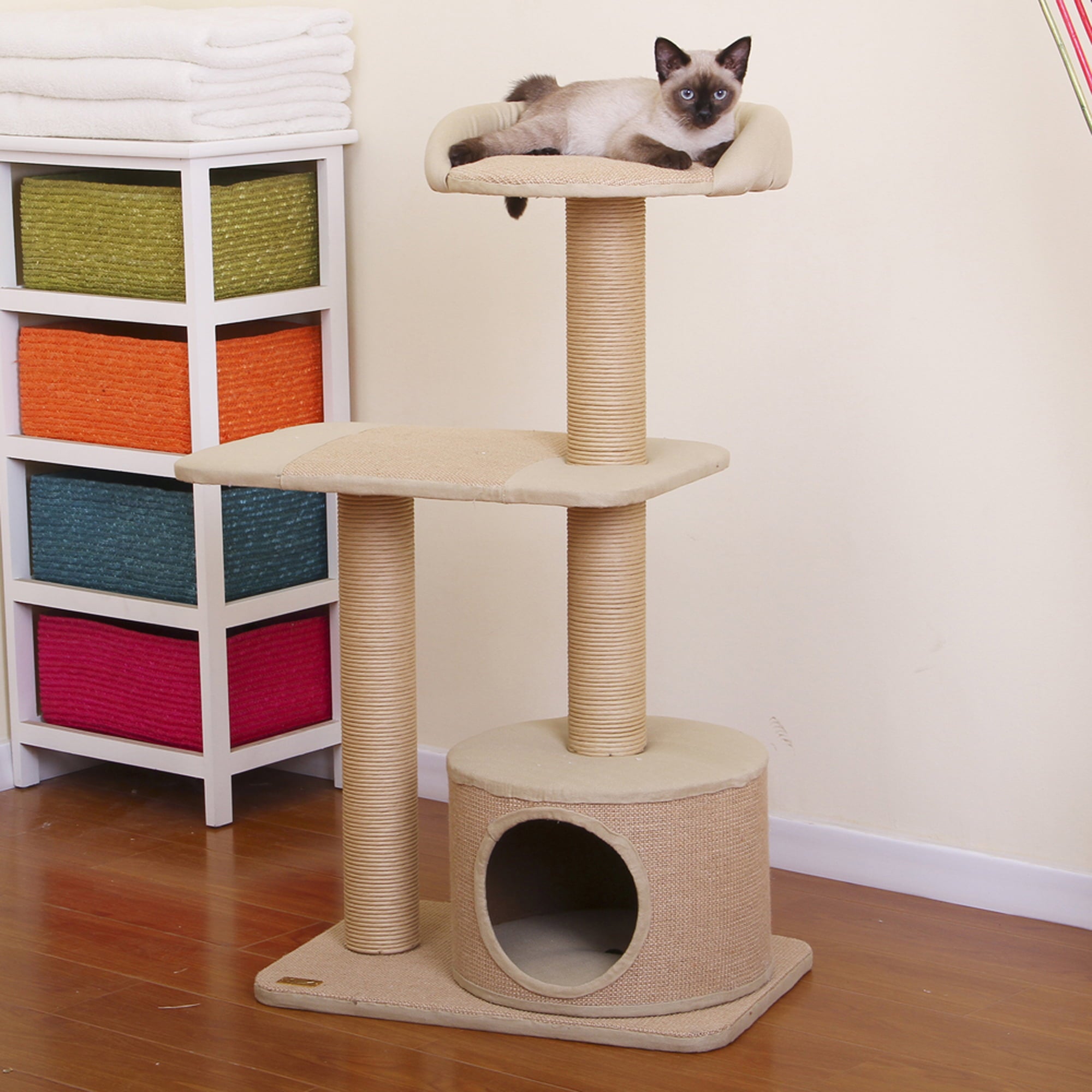 PetPals 3-Level Beige Jute and Paper Rope Cat Tree， Size 22