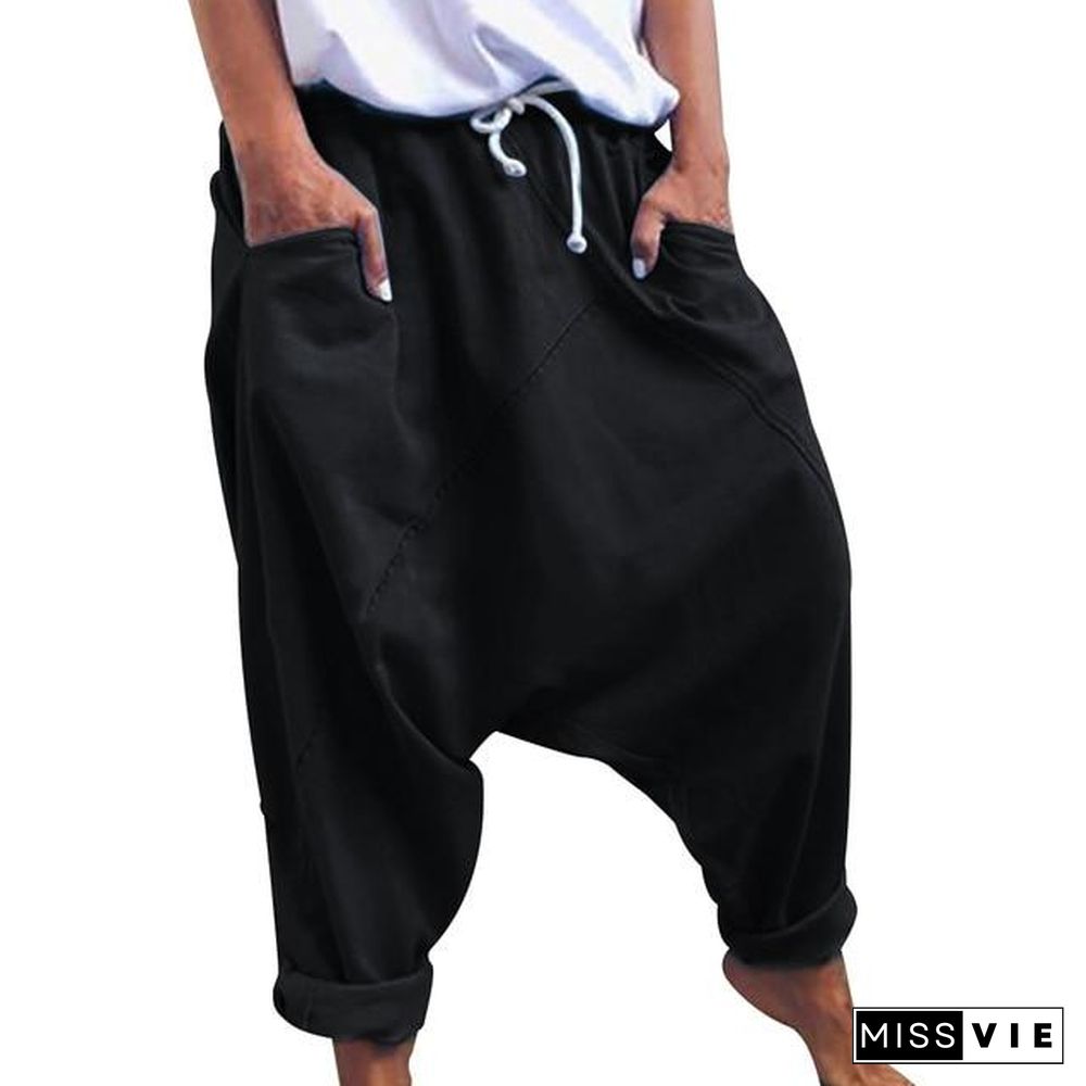 Women Casual Drawstring Pockets Drop Crotch Baggy Long Trousers Harem Pants P16400