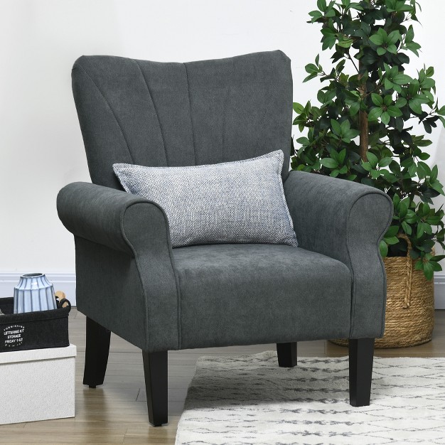 Homcom Fabric Accent Chair Modern Armchair With Wood Legs Rolled Arms Soft amp Padded For Living Room Dark Gray