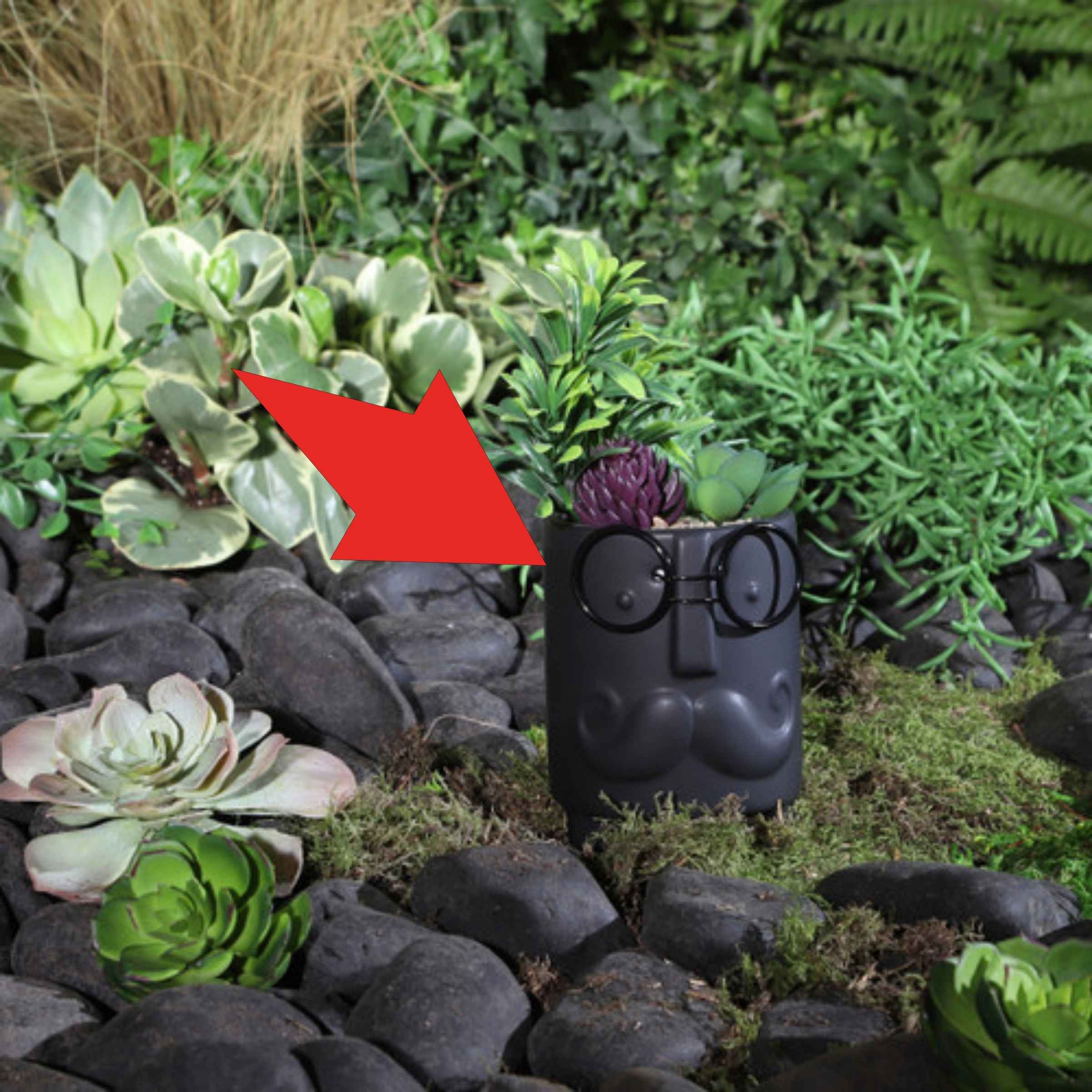 Face Ceramic Planter With Artificial Plants 8.89 Cm - Black 16972-02