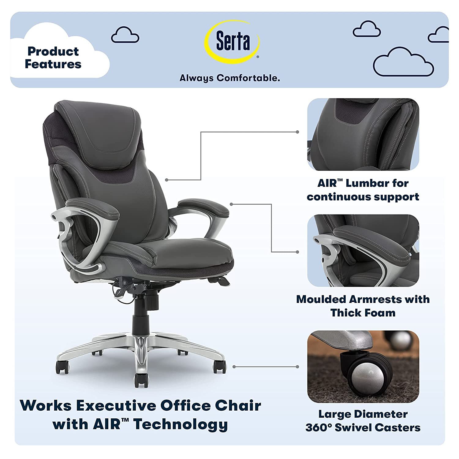 Serta AIR Health and Wellness Executive Office Chair High Back Ergonomic for Lumbar Support