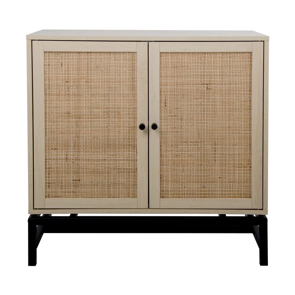 2 Door Accent Cabinet Storage Cabinet With Rattan Skin Decoration Black Metal Base Adjustable Shelf For Kitchen  Living Room