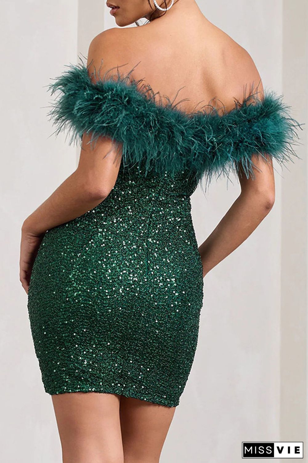 Sexy Solid Sequins Feathers Off the Shoulder Wrapped Skirt Dresses