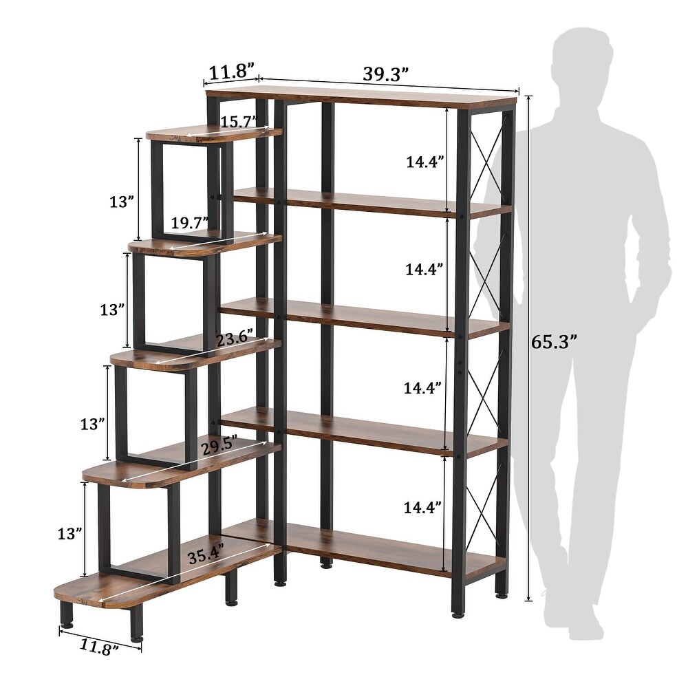 Large Corner Bookshelf Bookcase  Industrial Reversible 5 Tier Ladder Shelves Storage Display Rack with Metal Frame