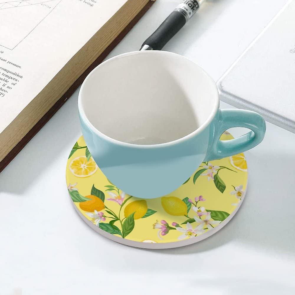 1pc Round Lemon With Tropical Leaves Flowers Ceramic Coasters With Cork-backed For Coffee Drink Cup Mat Absorbent Stone Coasters