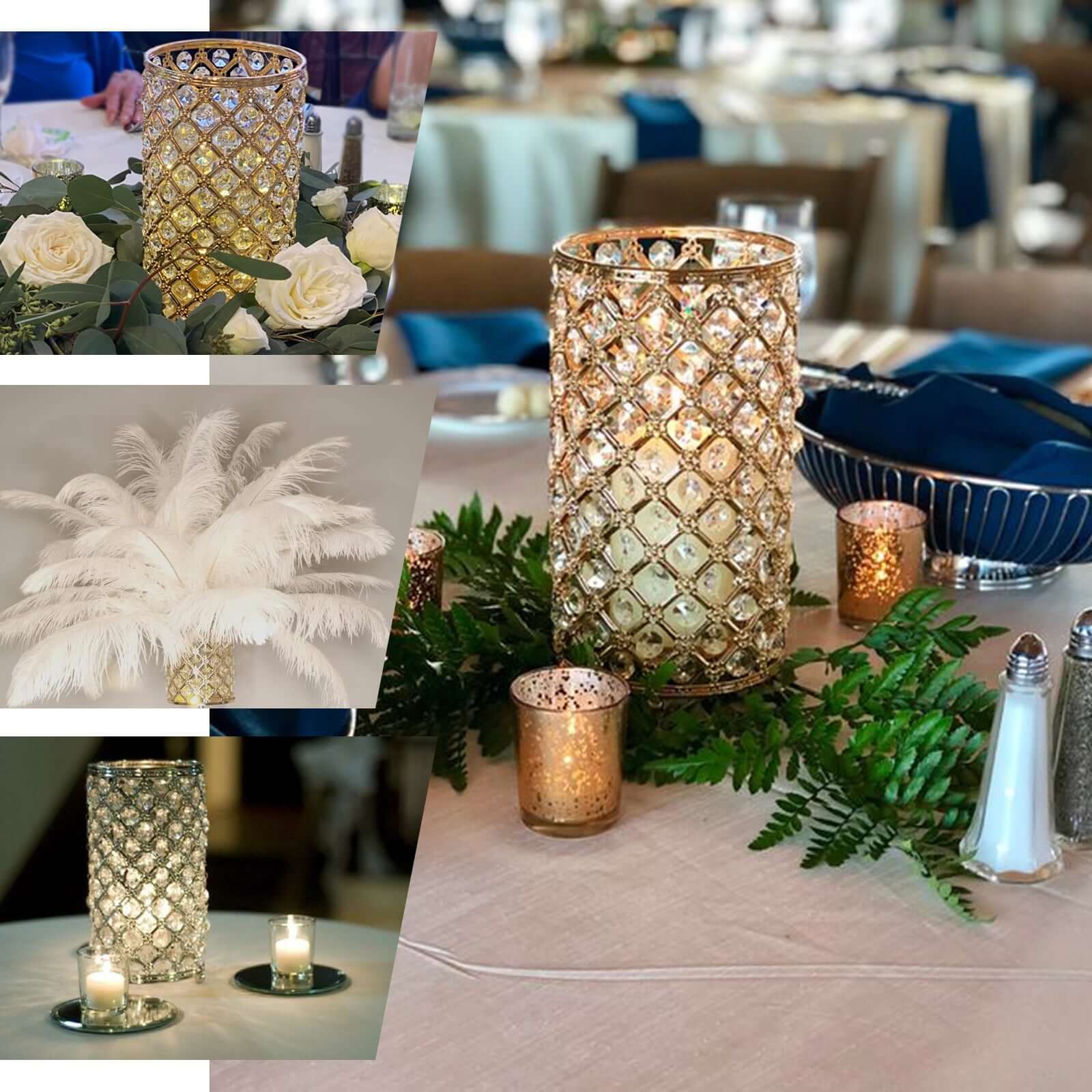 2 Pack Gold Metal Crystal Beaded Pillar Votive Candle Holder Set, Multipurpose Crystal Stem Vase 9