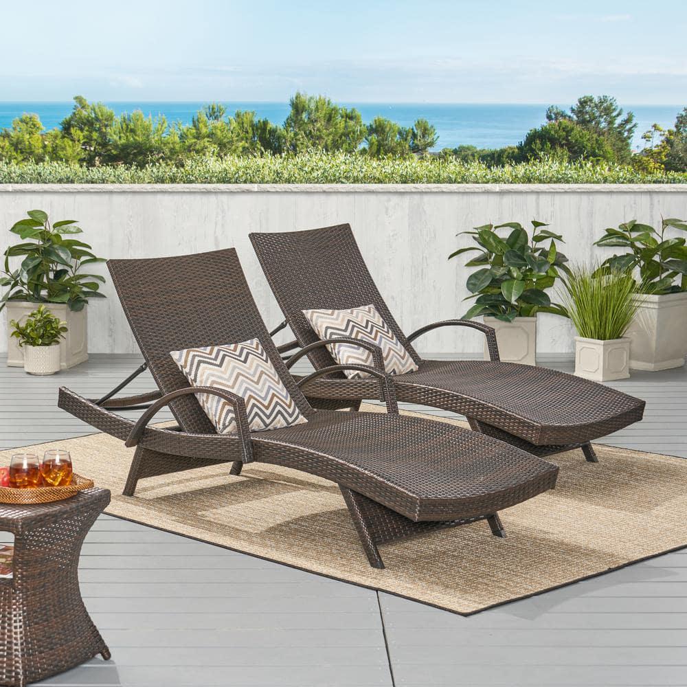 Noble House Salem MultiBrown 2Piece Faux Rattan Outdoor Chaise Lounge