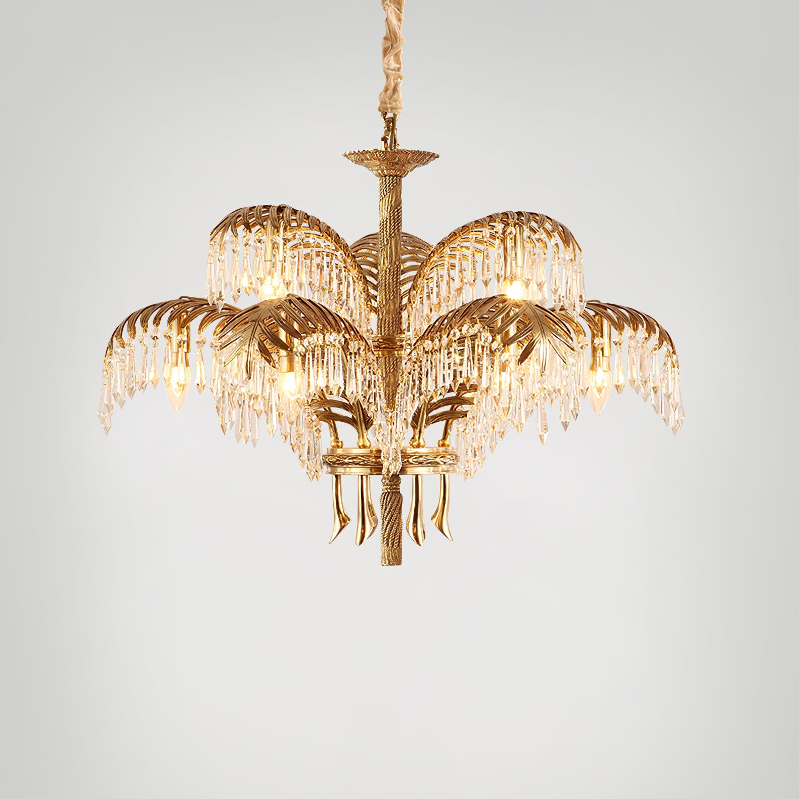 Brass Palm Leaf Crystal Chandelier