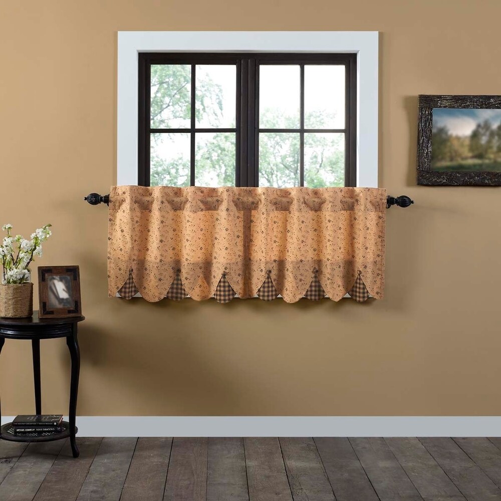 Tan Primitive Kitchen Curtains VHC Maisie Tier Pair Rod Pocket Cotton Floral   Flower Buttons